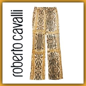Roberto Cavalli Gold Chain Animal Trompe l'œil Print Jeans Y2K Large